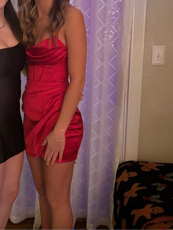 Dillards Dresses & Skirts - Red Satin Strapless Mini Dress with Draped Skirt - Women's Party Dress